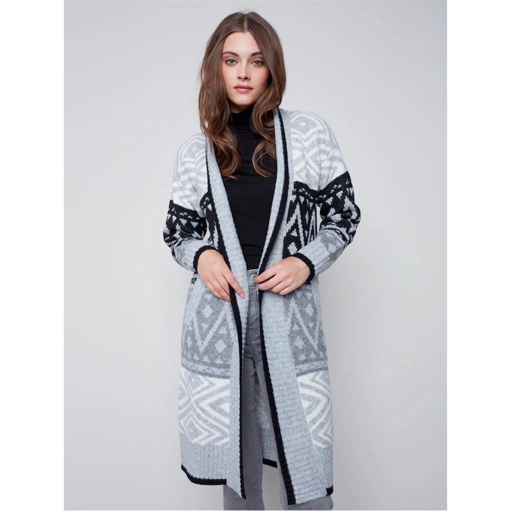 CHARLIE B - JAQUARD CARDIGAN - HEATHER GREY
